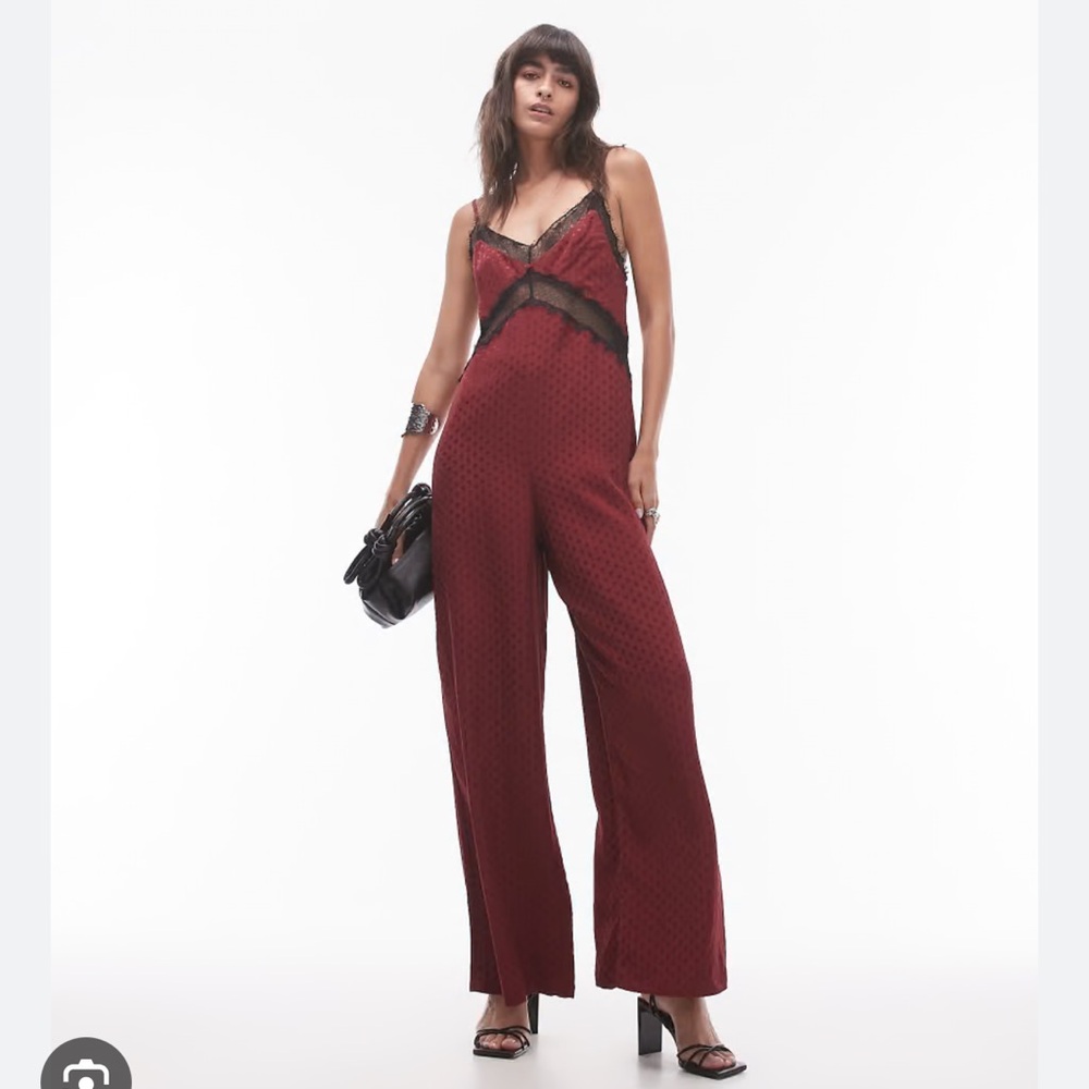 Topshop Burgundy Lace-Trim Wide-Leg Jumpsuit